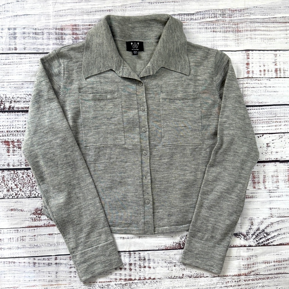 Anthropologie Six Crisp Days Gray Cardigan Sweater Collared XS Wool Blend